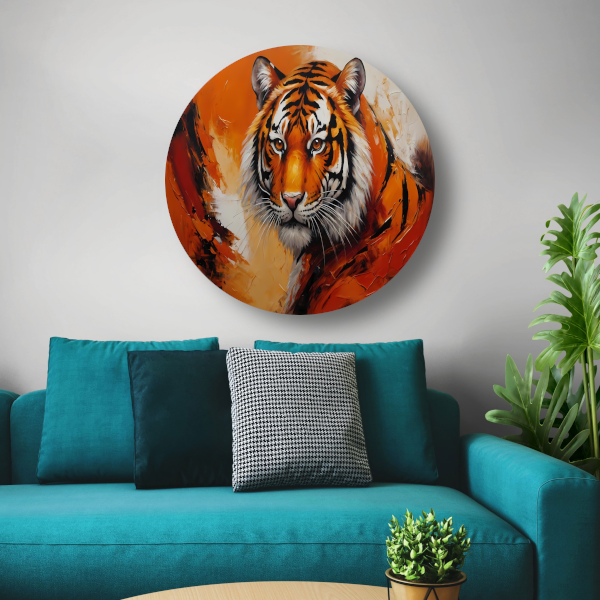 Oranjerood Schilderij van een Majestueuze Tijger aluminium muurcirkel