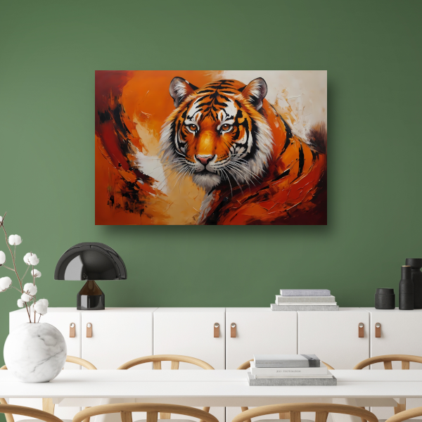 Oranjerood Schilderij van een Majestueuze Tijger poster