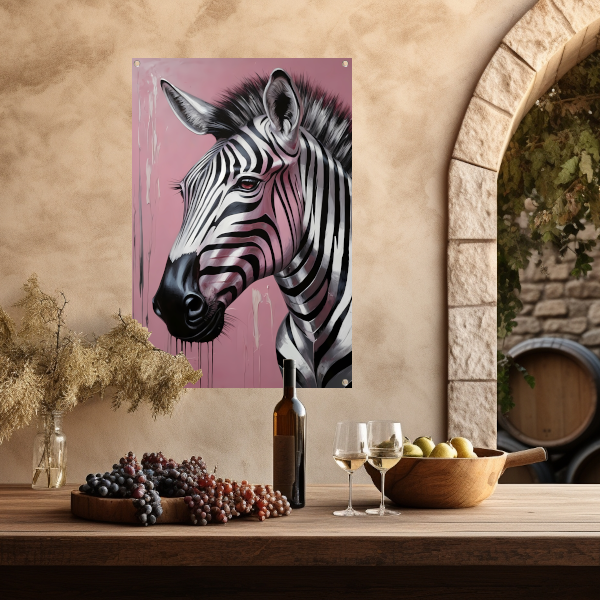Dynamische zebra op roze met zilveren druppels tuinposter