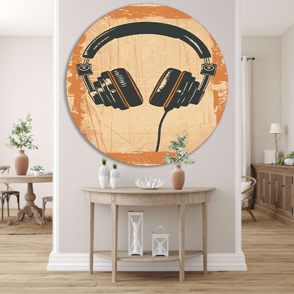 Vintage Hoofdtelefoon op Gekleurde Achtergrond aluminium muurcirkel