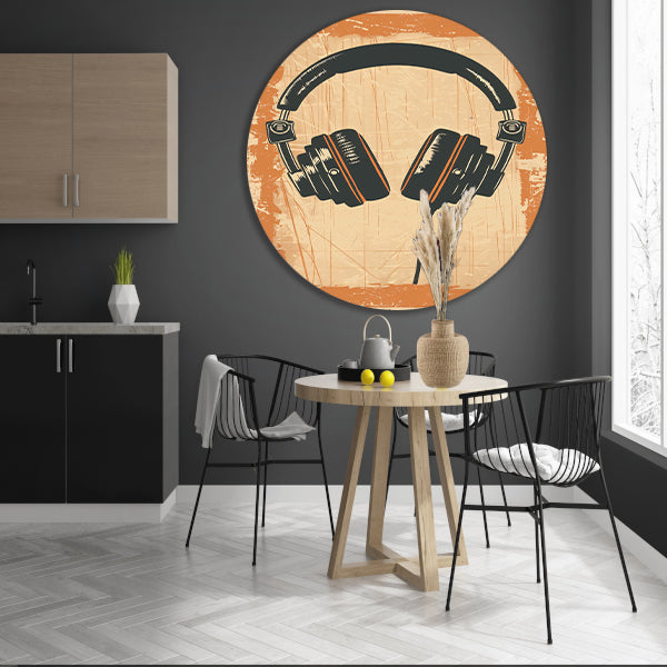 Vintage Hoofdtelefoon op Gekleurde Achtergrond aluminium muurcirkel