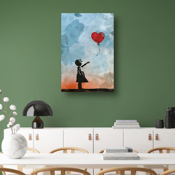 Silhouet van meisje met rode hartvormige ballon canvas
