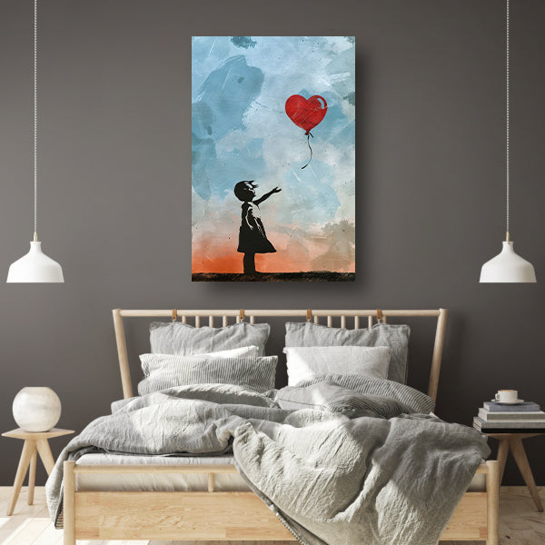 Silhouet van meisje met rode hartvormige ballon canvas