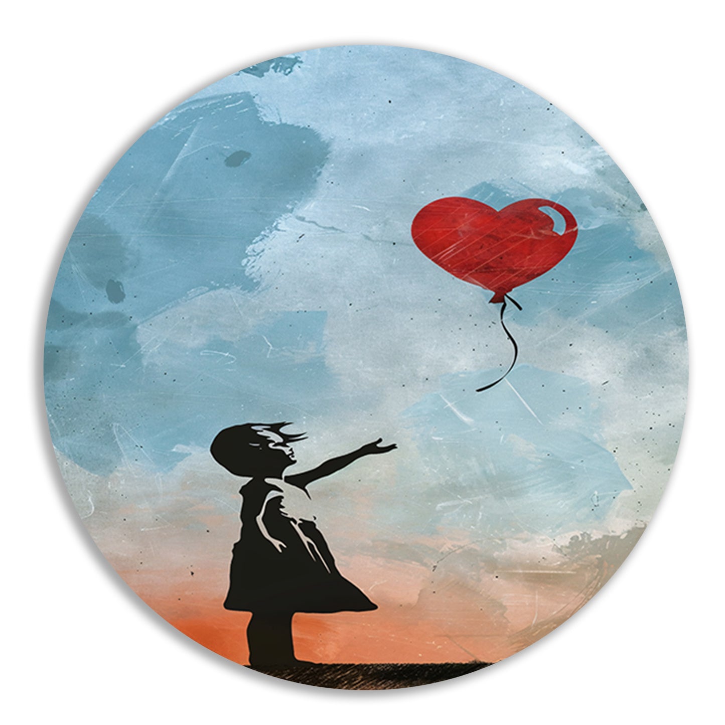 Silhouet van meisje met rode hartvormige ballon aluminium muurcirkel