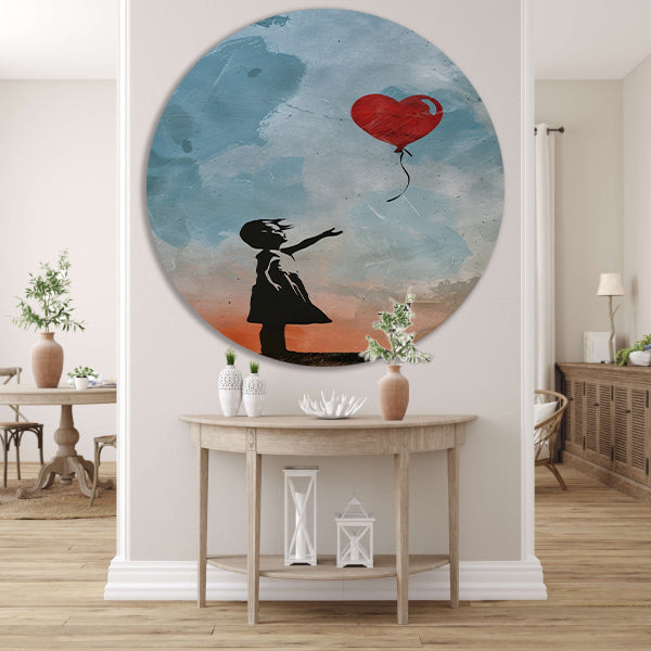 Silhouet van meisje met rode hartvormige ballon aluminium muurcirkel