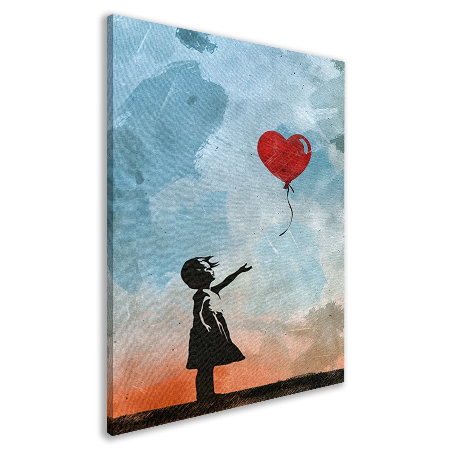 Silhouet van meisje met rode hartvormige ballon canvas