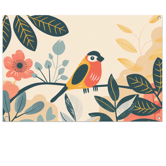 Gestileerde vogel tussen kleurrijke bladeren tuinposter