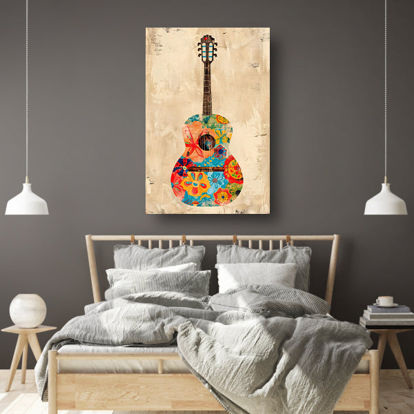 Kleurrijk Gitaar Met Bloemen canvas met baklijst