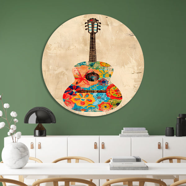 Kleurrijk Gitaar Met Bloemen aluminium muurcirkel