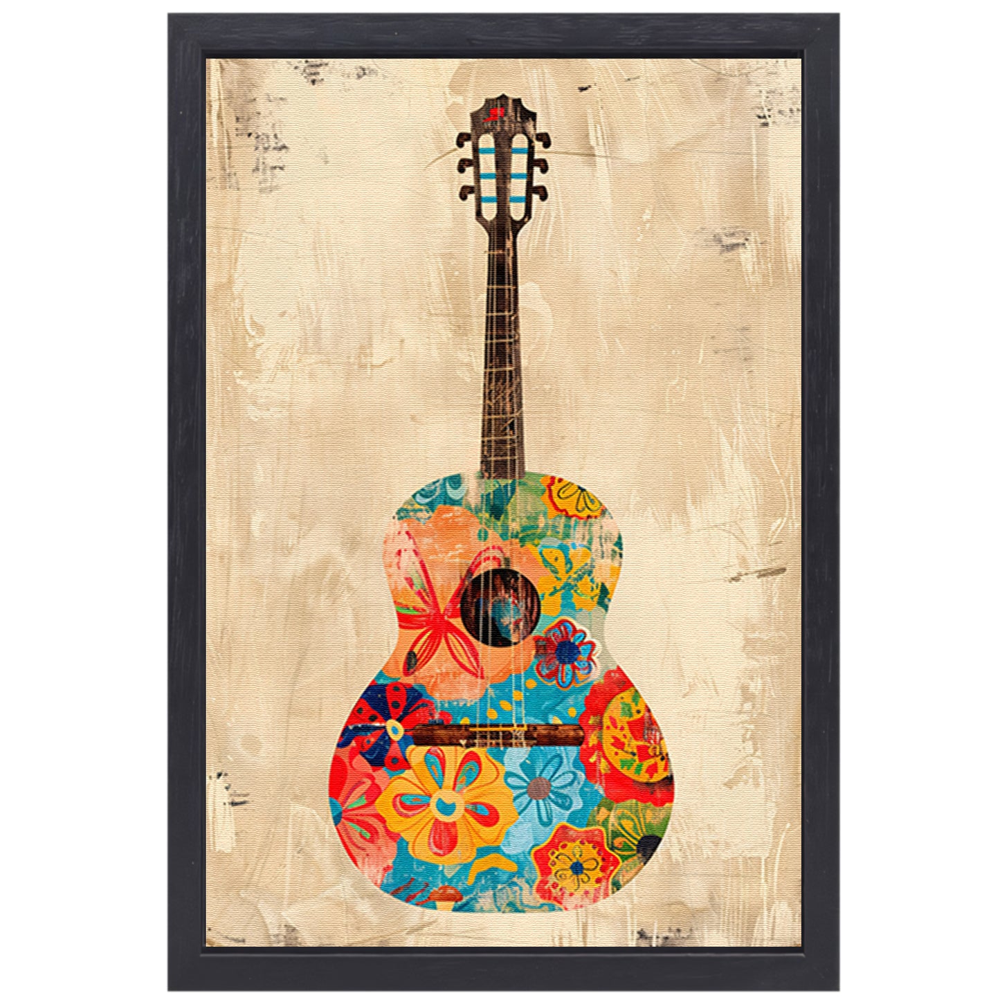 Kleurrijk Gitaar Met Bloemen canvas met baklijst