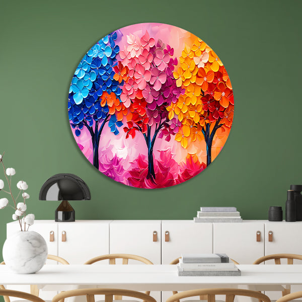 Kleurrijke abstracte bomen en bloemen schilderij forex muurcirkel