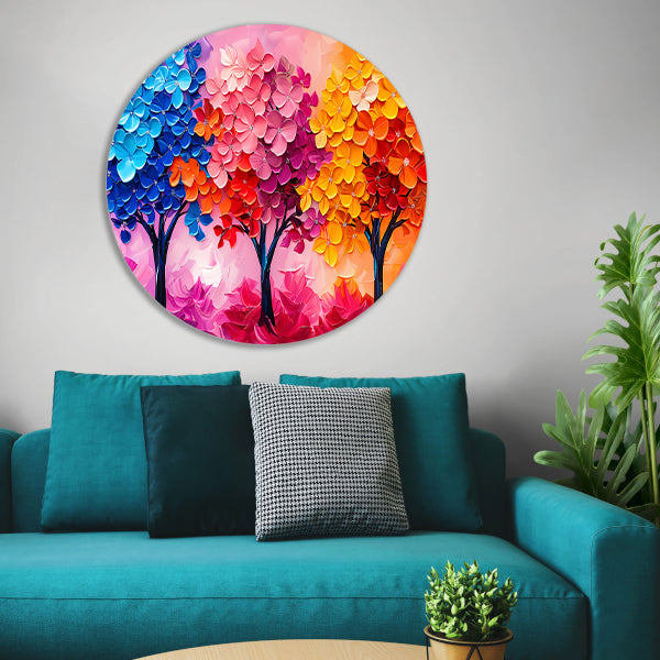 Kleurrijke abstracte bomen en bloemen schilderij forex muurcirkel
