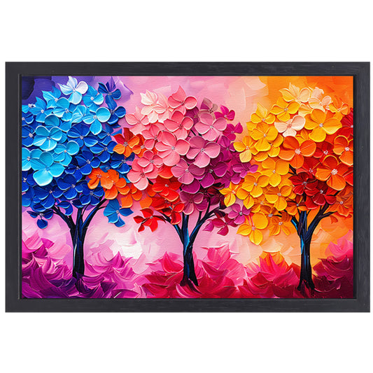 Kleurrijke abstracte bomen en bloemen schilderij canvas met baklijst