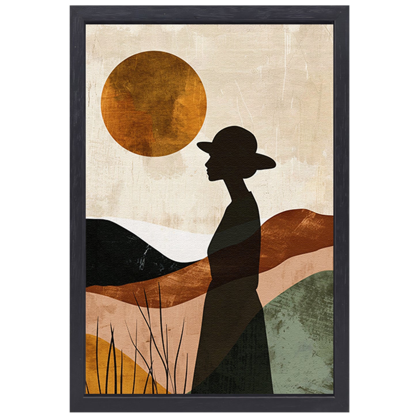 Vrouwelijk silhouet met abstracte natuur en warme kleuren canvas met baklijst