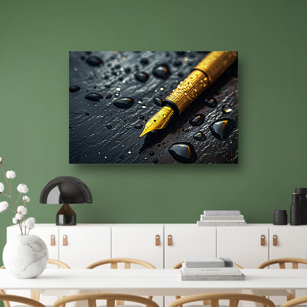 Elegante gouden pen op donkere achtergrond met waterdruppels acrylglas
