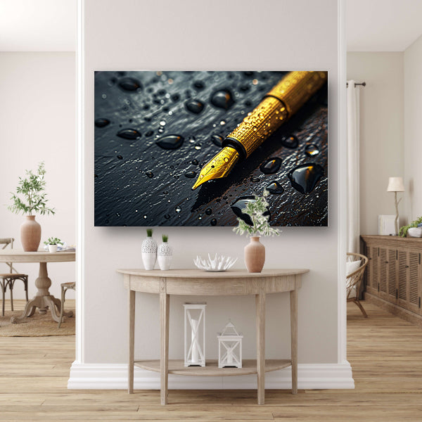 Elegante gouden pen op donkere achtergrond met waterdruppels acrylglas