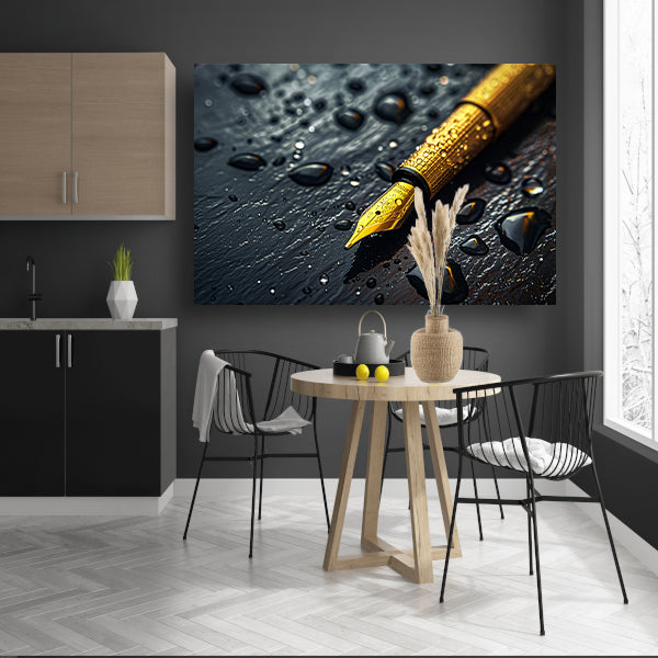 Elegante gouden pen op donkere achtergrond met waterdruppels acrylglas