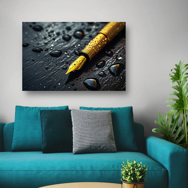 Elegante gouden pen op donkere achtergrond met waterdruppels canvas met baklijst