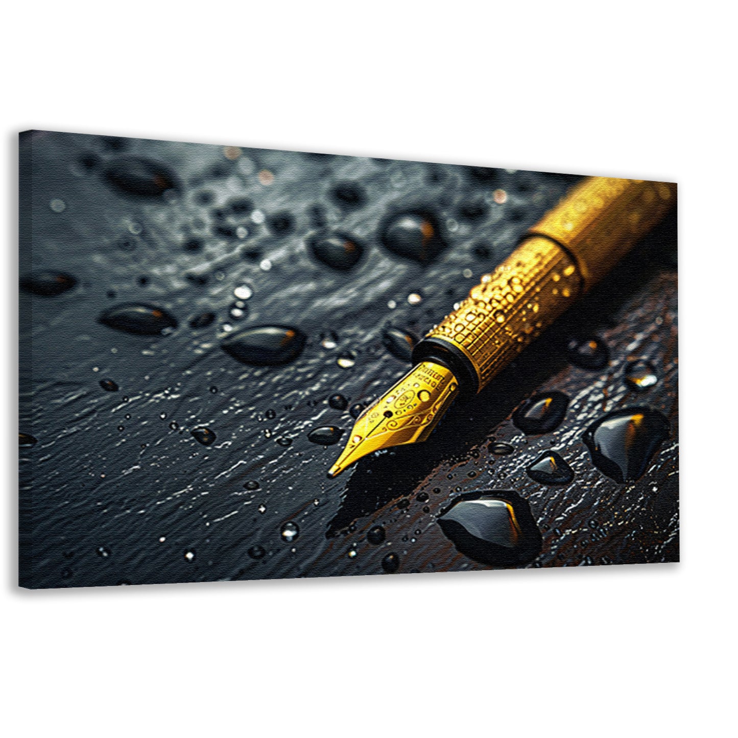 Elegante gouden pen op donkere achtergrond met waterdruppels canvas