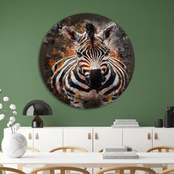 Expressieve Zebra in Abstracte Kleurenpracht aluminium muurcirkel