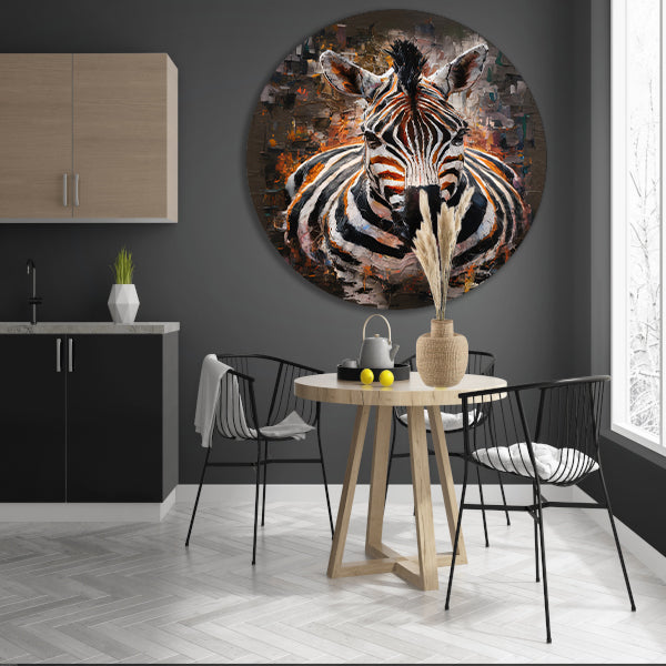 Expressieve Zebra in Abstracte Kleurenpracht aluminium muurcirkel