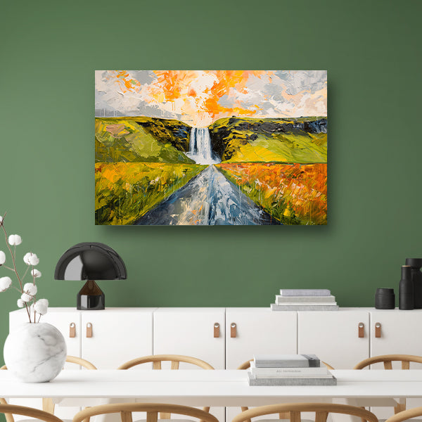 Kleurrijk schilderij van landschap met waterval poster