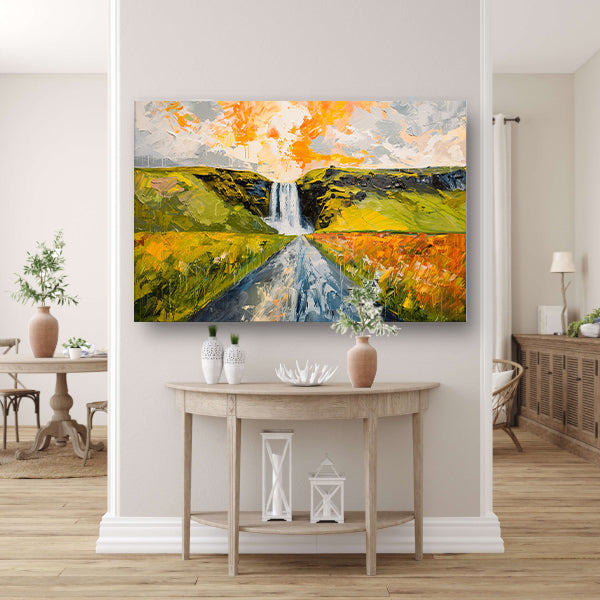 Kleurrijk schilderij van landschap met waterval poster
