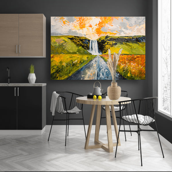 Kleurrijk schilderij van landschap met waterval poster