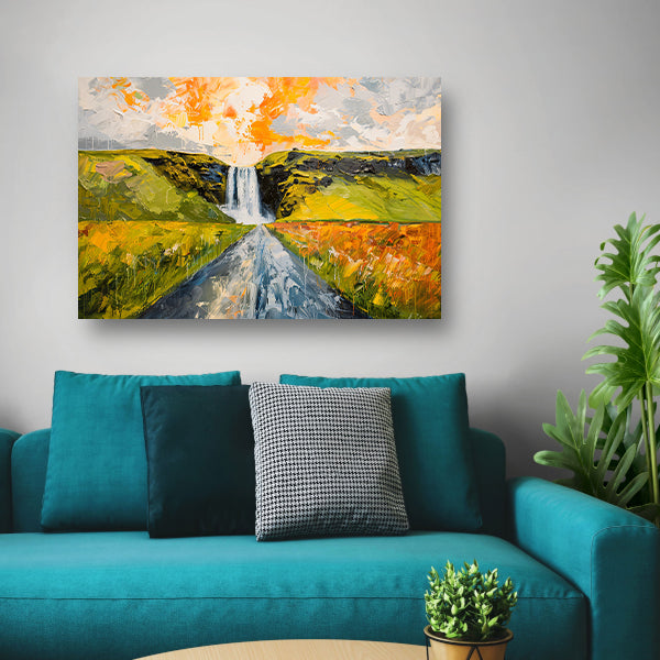Kleurrijk schilderij van landschap met waterval poster