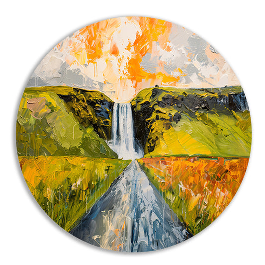 Kleurrijk schilderij van landschap met waterval aluminium muurcirkel