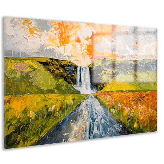 Kleurrijk schilderij van landschap met waterval acrylglas