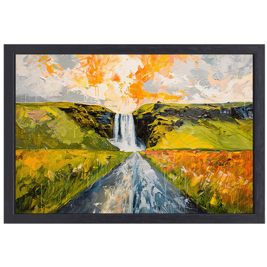 Kleurrijk schilderij van landschap met waterval canvas met baklijst