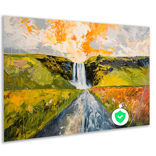 Kleurrijk schilderij van landschap met waterval poster