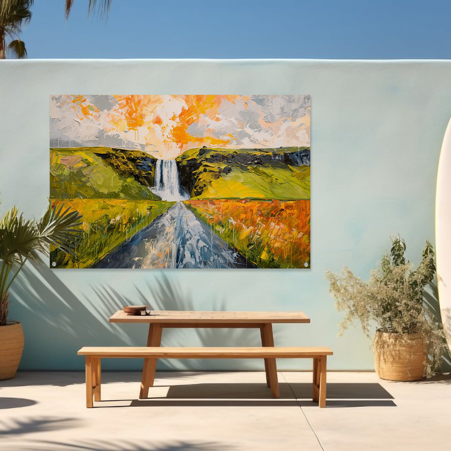 Kleurrijk schilderij van landschap met waterval tuinposter