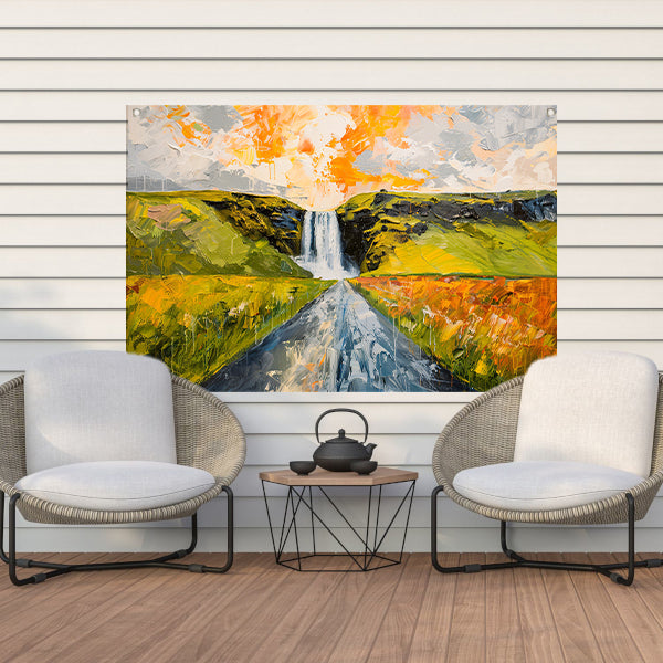 Kleurrijk schilderij van landschap met waterval tuinposter