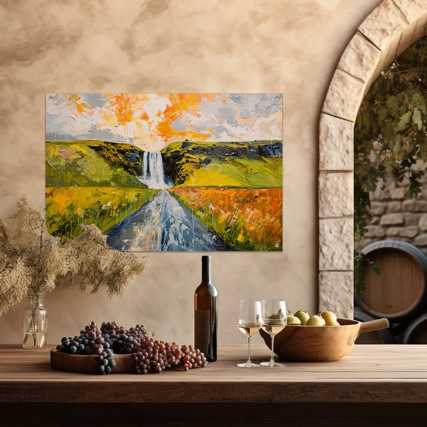 Kleurrijk schilderij van landschap met waterval tuinposter