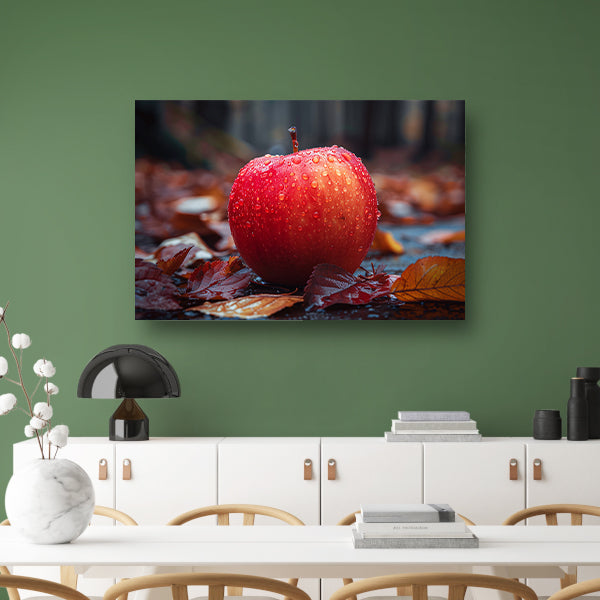 Rode appel bedekt met dauw in herfst canvas