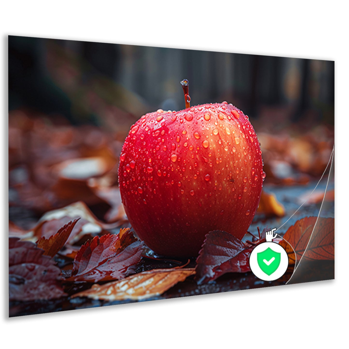 Rode appel bedekt met dauw in herfst poster