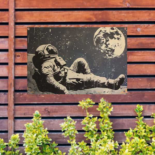 Astronaut ontspannen onder de sterren tuinposter