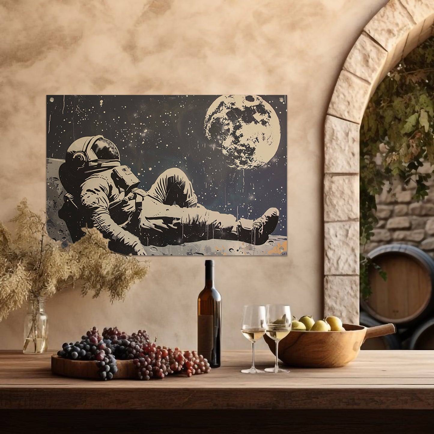 Astronaut ontspannen onder de sterren tuinposter