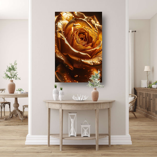 Close-up van een gouden roos met waterdruppels poster