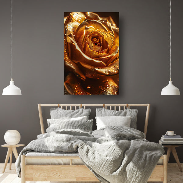 Close-up van een gouden roos met waterdruppels poster