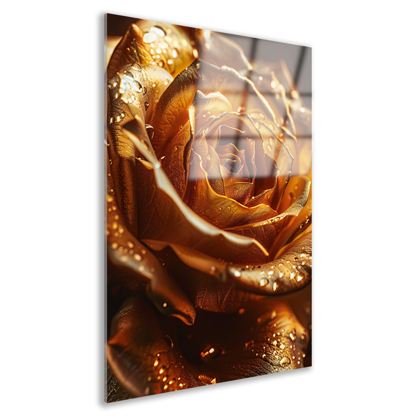 Close-up van een gouden roos met waterdruppels acrylglas