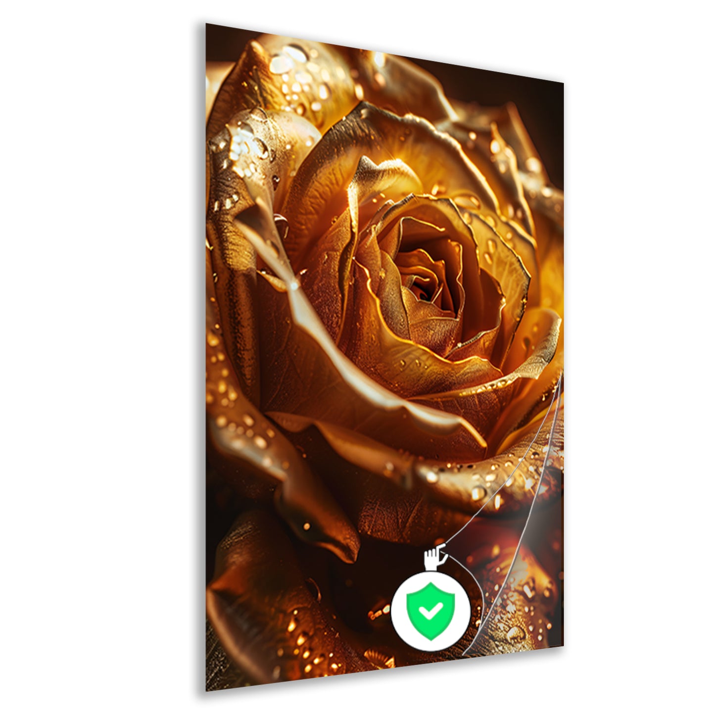 Close-up van een gouden roos met waterdruppels poster