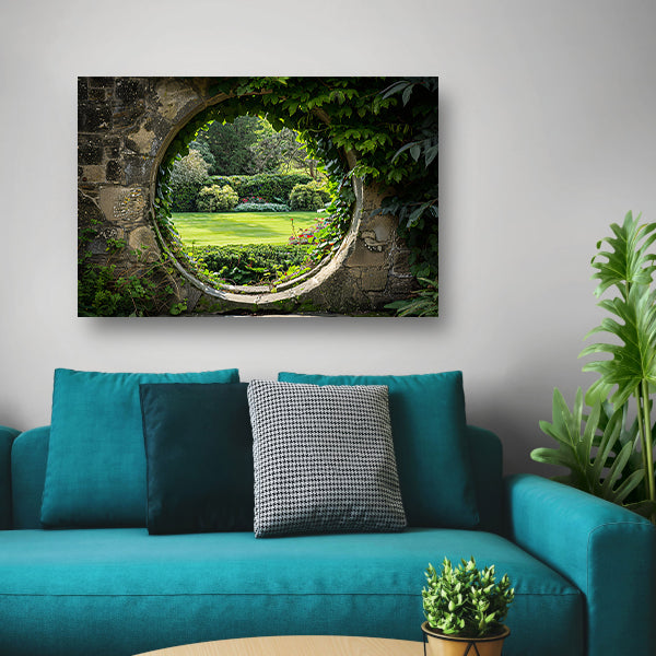 Weelderige tuin gezien door een oude stenen boog acrylglas