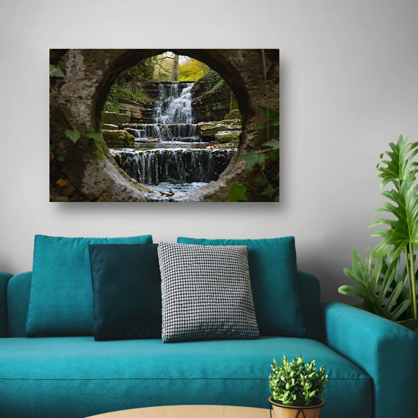 Waterval door een stenen opening gezien poster