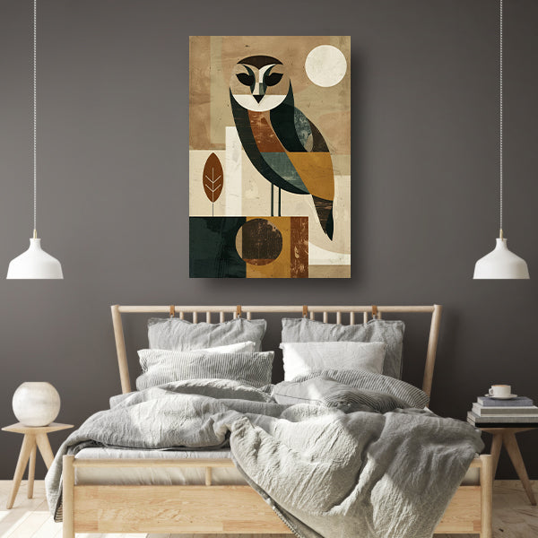 Stijlvolle Art Deco Uil met Maan op Achtergrond poster