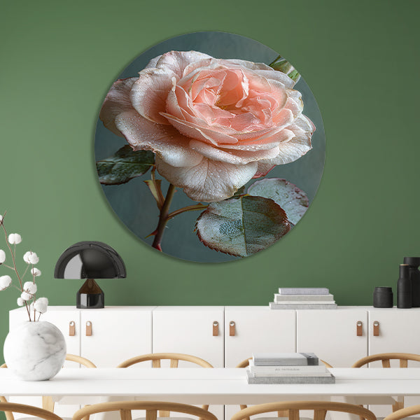 Roze Roos in Bloei met Dauwdruppels aluminium muurcirkel
