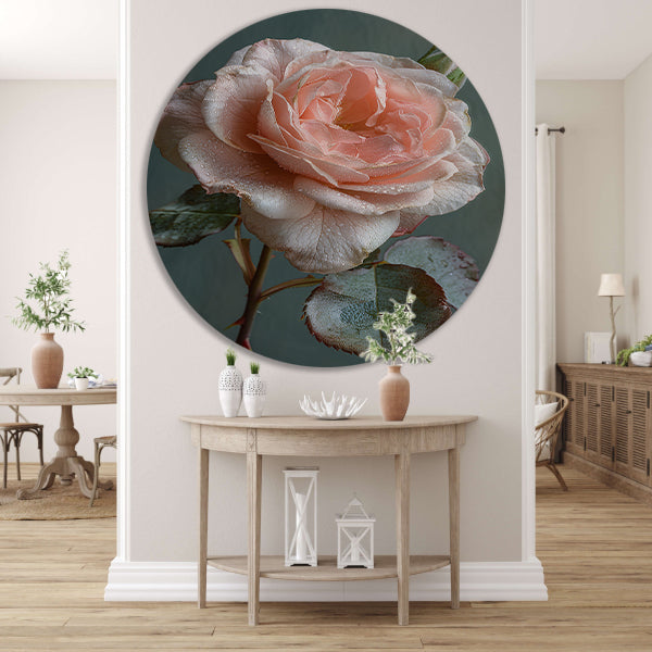 Roze Roos in Bloei met Dauwdruppels aluminium muurcirkel