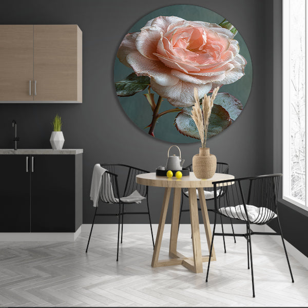 Roze Roos in Bloei met Dauwdruppels aluminium muurcirkel